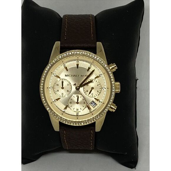 Michael Kors Ritz MK6328 Women Brown Leather Gold Analog Dial Quartz Watch Y214 - Picture 3 of 12
